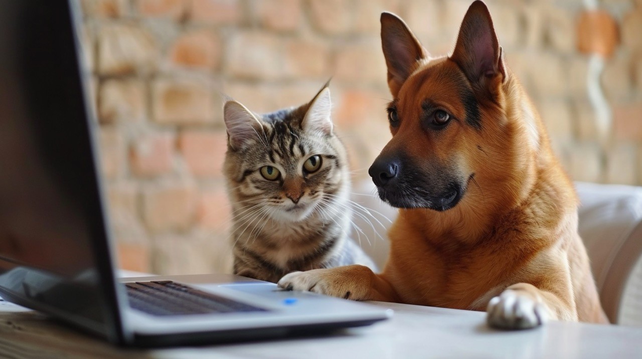 a dog and cat behind a computer